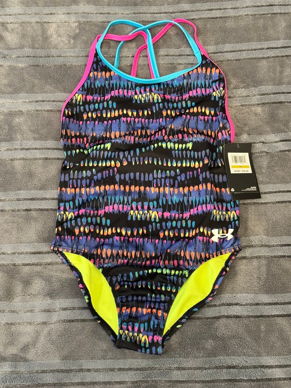 NWT Under Armour Girls' One Piece Swimsuit Watercolor sz 14